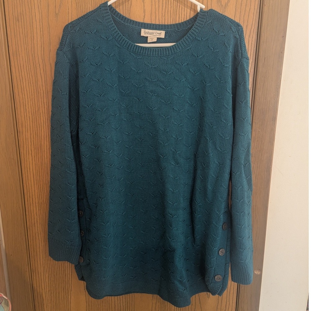 Coldwater Creek Teal Blue Textured Knit Button Side Tunic Sweater Women's Medium